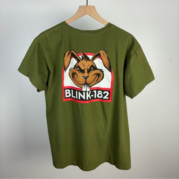 Y2K Blink 182 Rabbit Logo Spell Out Vintage Band T Shirt Green Double Sided XL - Picture 1 of 5